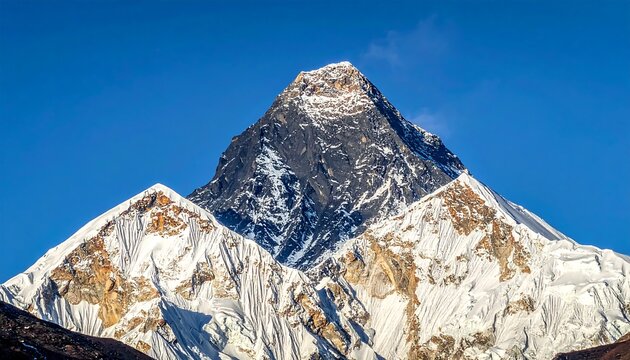 A snow-capped, jagged peak dominates the clear blue sky, capturing the grandeur of a remote mountain range - Powered by Adobe