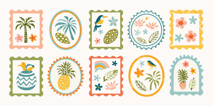 Collection of whimsical tropical themed decorative stamps featuring palm trees pineapples birds and flowers - Powered by Adobe