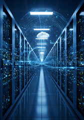 High-tech digital data center with glowing server racks and cloud connections