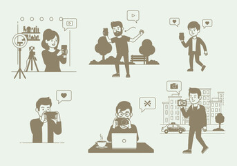 Fototapeta premium Illustrated People Using Cameras and Smartphones in Various Settings.
