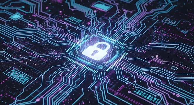 Cybersecurity concept with padlock on circuit board for data protection and network security and digital technology to prevent data breach 150