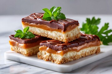 Millionaire's shortbread caramel slices with chocolate and mint