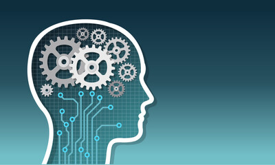 Illustration of a human head with gears and circuit lines representing artificial intelligence, machine learning, and the integration of human thinking with digital technology and automation.