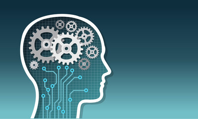 Illustration of a human head with gears and circuit lines representing artificial intelligence, machine learning, and the integration of human thinking with digital technology and automation.