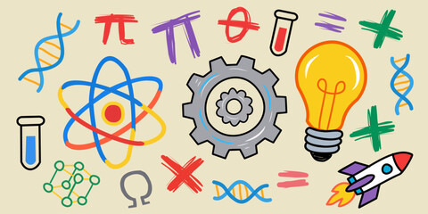 Colorful hand-drawn illustration combining science, technology, and creativity concepts featuring DNA, atom, gear, light bulb and rocket, representing innovation, research, and education in STEM field