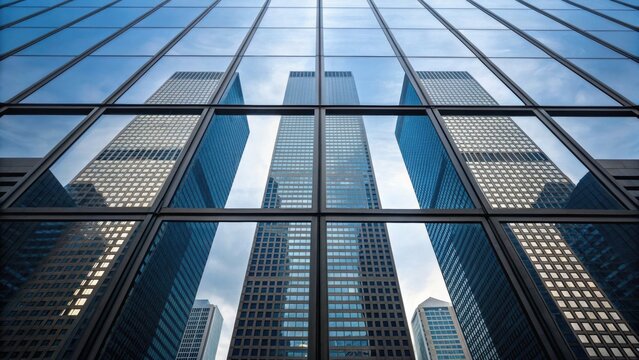A modern skyscraper reflects in a grid of large glass windows, showcasing urban architecture against a blue sky with clouds.