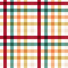 A seamless, repeating plaid or tartan pattern featuring warm autumn colors of red, green, orange, yellow, and cream