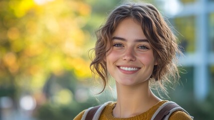 Portrait of a happy woman or student smiling, wearing a backpack at university. A confident, motivated youth engaged in education, learning, and the pursuit of higher education, Generative AI