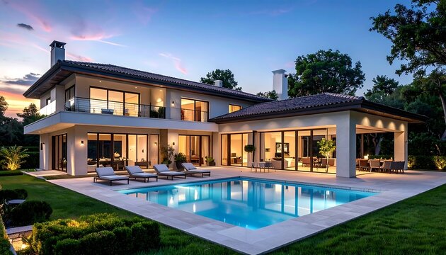 Luxury Home with Pool at Dusk - A Modern Architectural Masterpiece.