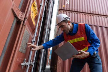 Male logistics worker wearing helmet and safety vest inspecting shipping container information with laptop, ensuring cargo tracking, shipping accuracy and supply chain control.