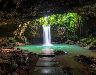 A picturesque waterfall cascades into a turquoise pool, viewed from a wooden walkway within a cave. Lush vegetation surrounds the scene