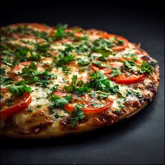 Delicious freshly baked pizza topped with ripe tomato slices and fresh coriander leaves on a dark grey table, high resolution, vibrant colors