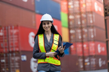 Portrait of confident female logistics engineer in safety uniform holding clipboard at container...