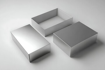 3D render of a blank silver packaging mockup placed on a smooth grey background in a minimalistic composition. 
