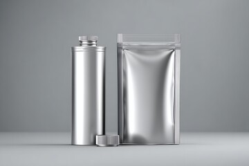 3D render of a blank silver packaging mockup placed on a smooth grey background in a minimalistic composition. 