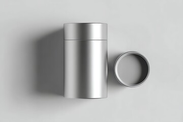 3D render of a blank silver packaging mockup placed on a smooth grey background in a minimalistic composition. 