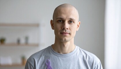 A bald, fair-skinned man in a gray shirt looks directly at the camera, a purple ribbon pinned to his chest. His expression is serious