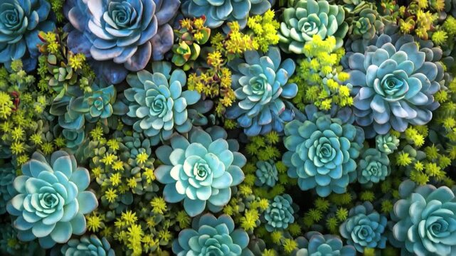 Vibrant succulent garden displays stunning blues and greens, a living tapestry of natural beauty., 4K