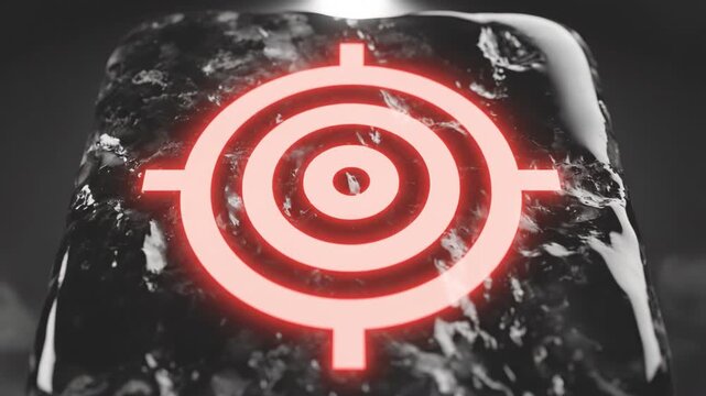 Glowing red target symbol on wet black stone surface with water droplets and smoky black marble cube featuring red neon light, focus and precision in dark environment with reflective texture