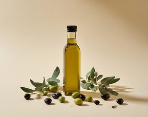 Olive oil bottle with fresh green leaves and olives on table against beige background in professional studio lighting commercial product photography concept for healthy lifestyle organic food 