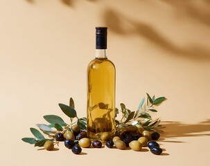Olive oil bottle with fresh green leaves and olives on table against beige background in professional studio lighting commercial product photography concept for healthy lifestyle organic food 