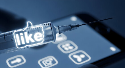 A syringe labeled like symbolizes addiction to social media validation and the psychological impact of likes 57555916 1