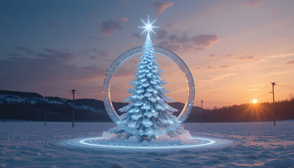 Illuminated Christmas tree on a snowy landscape with a star on top against a sunset sky creating a festive and magical atmosphere