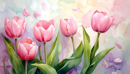 Watercolor Tulips in Full Bloom - A Delicate Floral Painting.