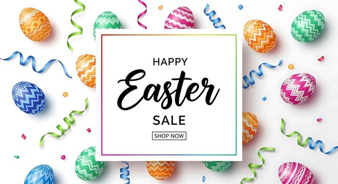 Happy easter sale banner with colorful eggs and confetti