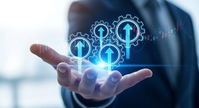 Business growth concept with gears and arrows in hand, success and development