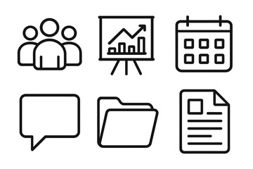 Team Presentation Icons. Team presentations linear icon set: people group, chart board, calendar, speech bubble, folder, report paper.