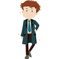 Full Body Cartoon Illustration Of A Young Man In A Teal Coat And Blue Tie With Brown Pants On A Transparent Background
