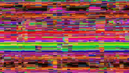 Abstract digital glitch art with vibrant neon colors and distorted pixelated effects, data error
