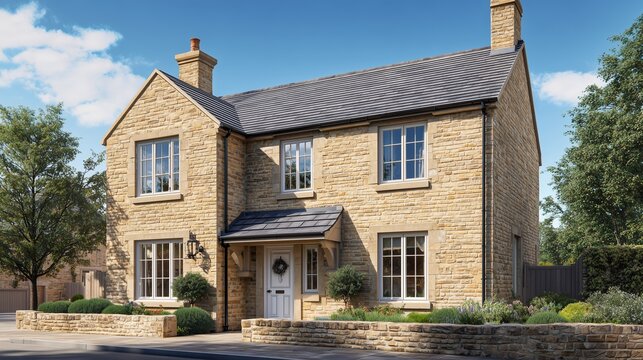 A hyperrealistic, clear daytime photograph of a well-maintained, modern detached two-story house with an inviting, traditional aesthetic. The house is constructed from warm, honey-colored stone bricks