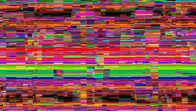 Abstract digital glitch art with vibrant neon colors and distorted pixelated effects, data error