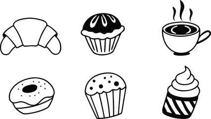 Bakery doodle illustration set, pastry, coffee, and dessert