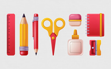 Back to school concept with ruler, pencil, pen, scissor, eraser, glue, notebook and sharpener on white background 113 characters