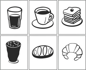 Collection of simple line art breakfast food and drink icons