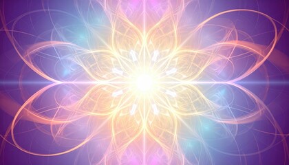 A vibrant, glowing abstract fractal design with intricate patterns and a bright central light, symbolizing energy and spiritual awakening.