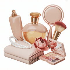 Beauty and spa concept with cosmetics, perfume, jewelry, towel and flower on white background 113 characters