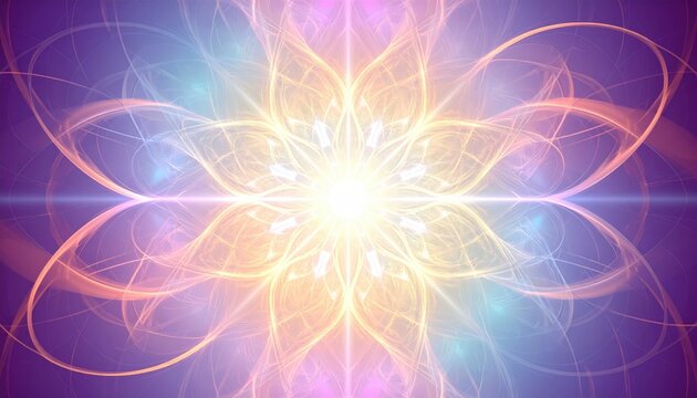A vibrant, glowing abstract fractal design with intricate patterns and a bright central light, symbolizing energy and spiritual awakening.