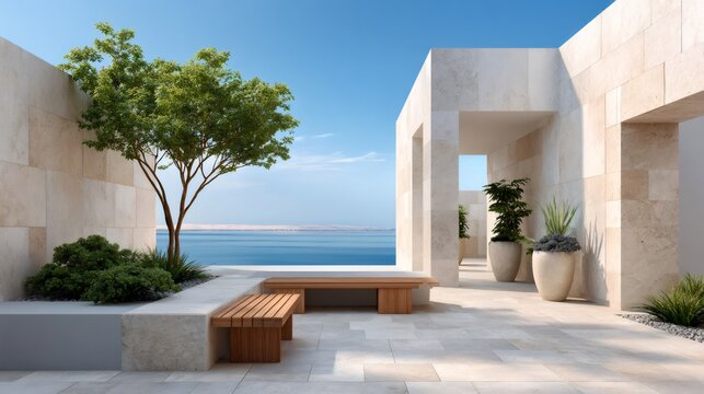 Modern luxury terrace with minimalist design facing sea - Powered by Adobe