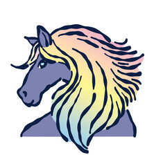 日本の2026年の干支「午」。たてがみを揺らして振り向く黒馬の横顔。Japan's zodiac sign for 2026 is the horse. A profile of a black horse turning around with its mane shaking.