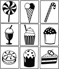 Delicious dessert and candy monochrome line art icons collection