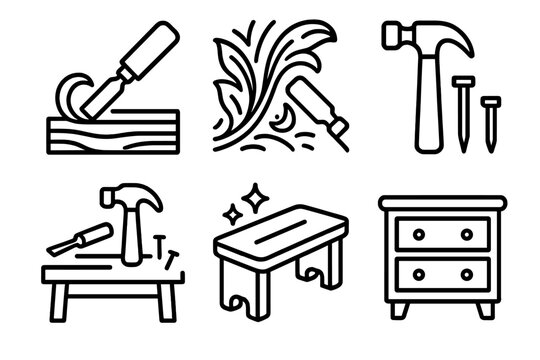Woodworking Tools. Woodworking Craftsmanship linear icon set: chisel tool, wooden plank, carving detail, hammer and nails, workbench, polished furniture.