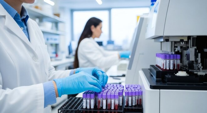 Medical Laboratory Scientists Working with Blood Samples and Equipment in a Lab Setting - Powered by Adobe