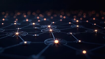 Illuminated network of interconnected points forms a complex pattern across a dark surface, highlighted with a soft glow and blurred background.