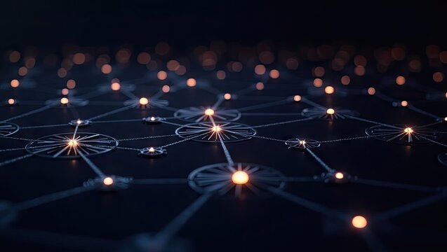 Illuminated network of interconnected points forms a complex pattern across a dark surface, highlighted with a soft glow and blurred background.