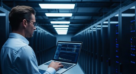 Data Center Administrator Monitoring Server Infrastructure with Laptop in Server Room