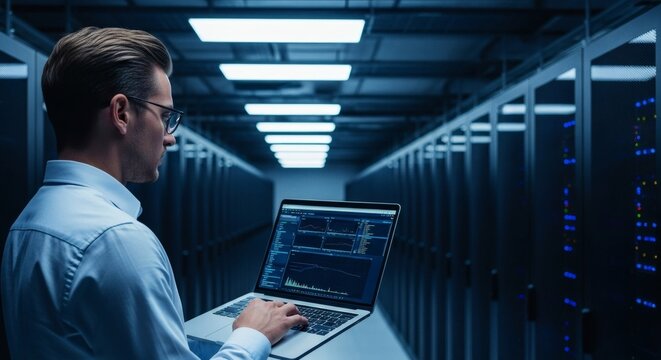 Data Center Administrator Monitoring Server Infrastructure with Laptop in Server Room
